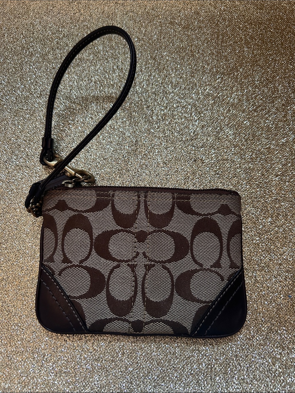Coach Brown Signature Canvas Wristlet with Dark Leather Trim